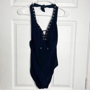 Gottex | One-Piece Halter Swimsuit With Sparkly & Metal Eyelets Around Neck